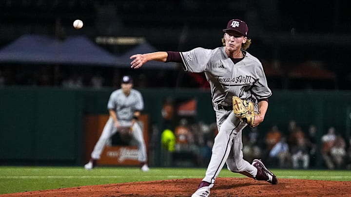 Texas A&M pitcher Weston Moss (21) throws a pitch during the Lone Star Showdown against Texas at UFCU Disch-Falk Field on Friday, April 25, 2025.