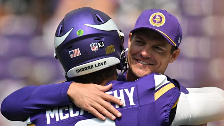 Aug 10, 2024; Minneapolis, Minnesota, USA; Minnesota Vikings quarterback J.J. McCarthy (9) and head coach Kevin O'Connell react before the game against the Las Vegas Raiders at U.S. Bank Stadium. Mandatory Credit: Jeffrey Becker-Imagn Images Aug 10, 2024; Minneapolis, Minnesota, USA; Minnesota Vikings quarterback J.J. McCarthy (9) and head coach Kevin O'Connell react before the game against the Las Vegas Raiders at U.S. Bank Stadium. Mandatory Credit: Jeffrey Becker-Imagn Images