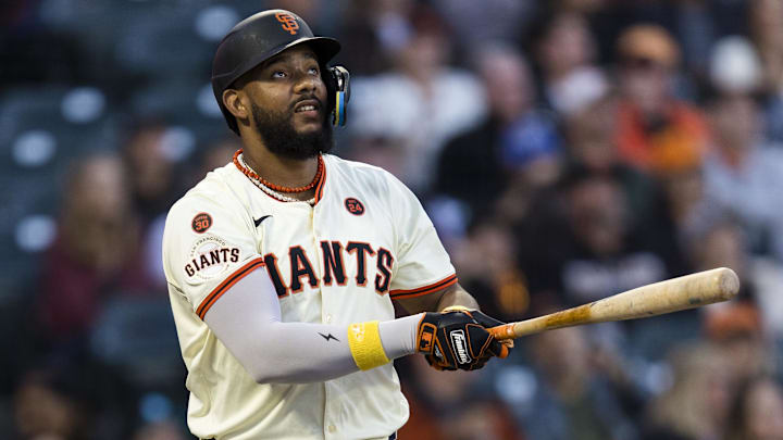 Sep 11, 2024; San Francisco, California, USA; San Francisco Giants designated hitter Jerar Encarnacion (59) hits a two-run home run against the Milwaukee Brewers during the first inning at Oracle Park