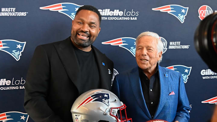 Jan 17, 2024; Foxborough, MA, USA; New England Patriots head coach Jerod Mayo (L) and owner Robert Kraft pose for photos after a press conference announcing Mayo's hiring as the team's head coach at Gillette Stadium. Mandatory Credit: Eric Canha-Imagn Images