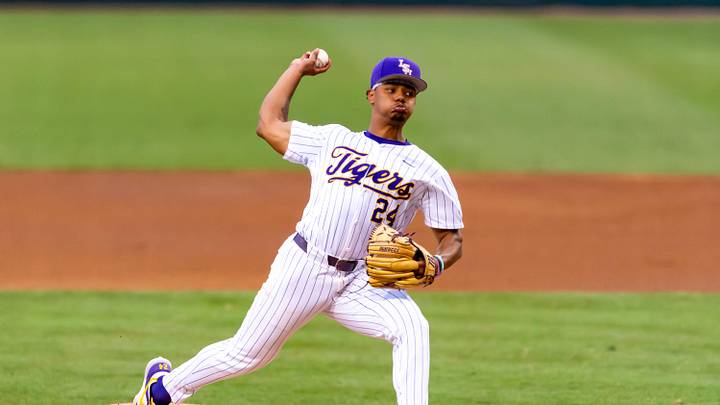 Tigers starting pitcher Anthony Eyanson 24, The LSU Tigers take on Little Rock Trojans in game 1 of the 2025 NCAA Div 1 Regional Baseball Championship at Alex Box Stadium in Baton Rouge, LA. Friday, May 30, 2025.