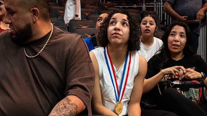 Aaliyah Chavez, the Nation's No. 1 recruit and Texas State Champion watches the Longhorns warm up ahead of the their game against the Florida Gators, March 2, 2025.