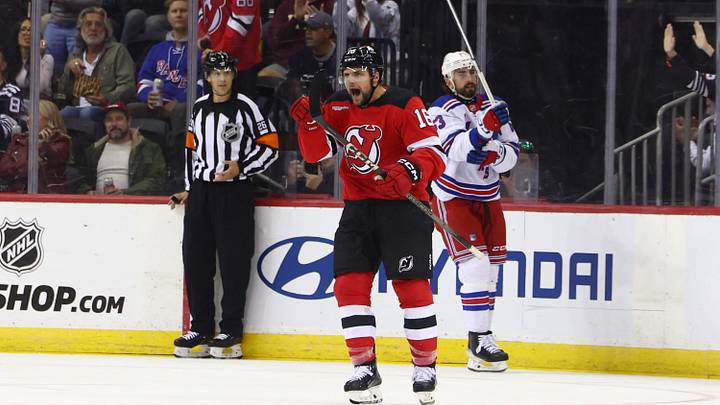 New Jersey Devils right wing Nathan Legare (16) celebrates his goal against the New York Rangers during the first period at Prudential Center. Mandatory Credit: Ed Mulholland-Imagn Images New Jersey Devils right wing Nathan Legare (16) celebrates his goal against the New York Rangers during the first period at Prudential Center. Mandatory Credit: Ed Mulholland-Imagn Images
