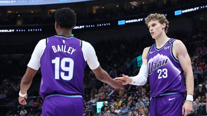 Nov 13, 2025; Salt Lake City, Utah, USA; Utah Jazz forward Lauri Markkanen (23) and guard Ace Bailey (19) react to a play against the Atlanta Hawks during the second half at Delta Center. Mandatory Credit: Rob Gray-Imagn Images Nov 13, 2025; Salt Lake City, Utah, USA; Utah Jazz forward Lauri Markkanen (23) and guard Ace Bailey (19) react to a play against the Atlanta Hawks during the second half at Delta Center. Mandatory Credit: Rob Gray-Imagn Images