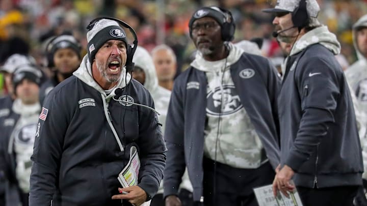 San Francisco 49ers head coach Kyle Shanahan argues with a referee after a penalty was called against the 49ers during a game against the Green Bay Packers on Sunday, November 24, 2024, at Lambeau Field in Green Bay, Wis. The Packers won the game, 38-10.
Tork Mason/USA TODAY NETWORK-Wisconsin San Francisco 49ers head coach Kyle Shanahan argues with a referee after a penalty was called against the 49ers during a game against the Green Bay Packers on Sunday, November 24, 2024, at Lambeau Field in Green Bay, Wis. The Packers won the game, 38-10.
Tork Mason/USA TODAY NETWORK-Wisconsin
