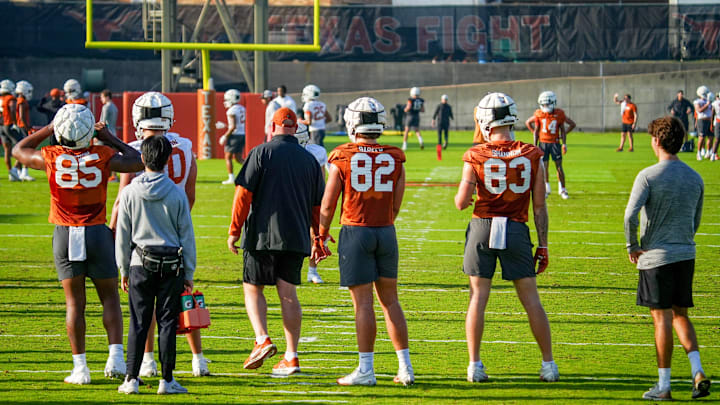 The Texas Longhorns football team during their first practice of the spring season on Tuesday, March 25, 2025. The Texas Longhorns football team during their first practice of the spring season on Tuesday, March 25, 2025.