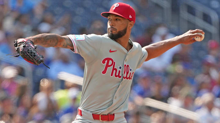Sep 4, 2024; Toronto, Ontario, CAN; Philadelphia Phillies starting pitcher Cristopher Sanchez (61) throws a pitch against the Toronto Blue Jays during the first inning at Rogers Centre.