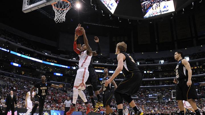Mar 30, 2013; Los Angeles, CA, USA; Ohio State Buckeyes forward Deshaun Thomas (1) shoots against the Wichita State Shockers during the first half of the finals of the West regional of the 2013 NCAA tournament at the Staples Center. Mandatory Credit: Robert Hanashiro-Imagn Images