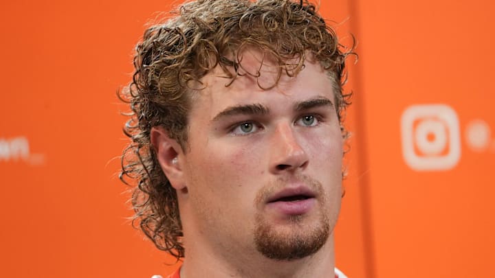 Clemson linebacker Sammy Brown speaks during Clemson football first summer 2025 practice at the Allen N. Reeves Football Complex in Clemson, S.C. Thursday, July 31, 2025.
