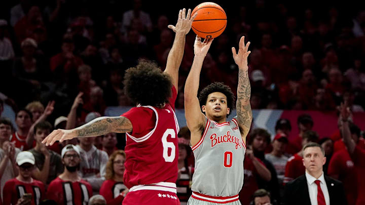 Ohio State Buckeyes guard John Mobley Jr. (0) shoots the ball against Indiana Hoosiers guard Tayton Conerway (6) in the second half of the NCAA game at Value City Arena on Saturday, March 7, 2026 in Columbus, Ohio.
