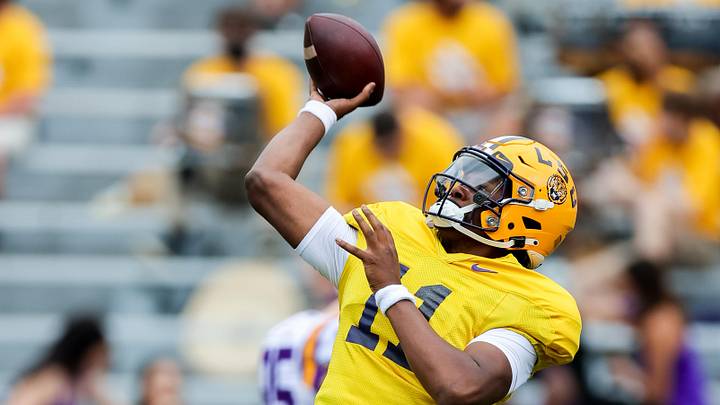Apr 17, 2021; Baton Rouge, Louisiana, USA; LSU Tigers quarterback TJ Finley (11) passes the ball during warm ups before  the annual Purple and White spring game at Tiger Stadium. Mandatory Credit: Stephen Lew-Imagn Images