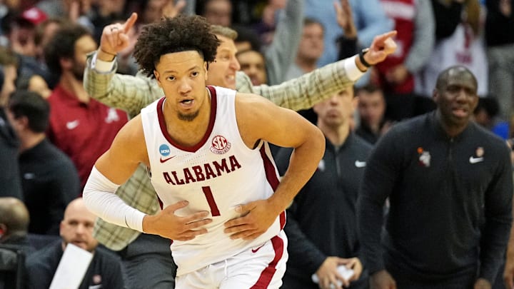 Mar 27, 2025; Newark, NJ, USA; Alabama Crimson Tide guard Mark Sears (1) celebrates after making a three pointer during the second half against the Brigham Young Cougars during an East Regional semifinal of the 2025 NCAA tournament at Prudential Center. Mandatory Credit: Robert Deutsch-Imagn Images Mar 27, 2025; Newark, NJ, USA; Alabama Crimson Tide guard Mark Sears (1) celebrates after making a three pointer during the second half against the Brigham Young Cougars during an East Regional semifinal of the 2025 NCAA tournament at Prudential Center. Mandatory Credit: Robert Deutsch-Imagn Images