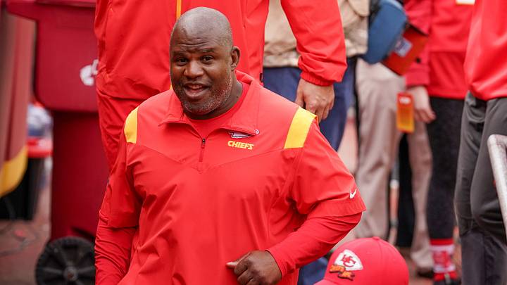 Oct 16, 2022; Kansas City, Missouri, USA; Kansas City Chiefs offensive coordinator Eric Bieniemy leaves the field against the Buffalo Bills prior to the game at GEHA Field at Arrowhead Stadium. Mandatory Credit: Denny Medley-USA TODAY Sports Oct 16, 2022; Kansas City, Missouri, USA; Kansas City Chiefs offensive coordinator Eric Bieniemy leaves the field against the Buffalo Bills prior to the game at GEHA Field at Arrowhead Stadium. Mandatory Credit: Denny Medley-USA TODAY Sports