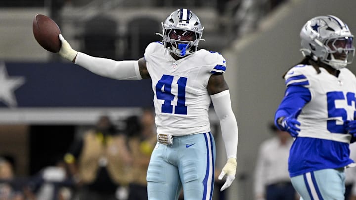 Dallas Cowboys defensive end Donovan Ezeiruaku celebrates during the game between theCowboys and the Baltimore Ravens.