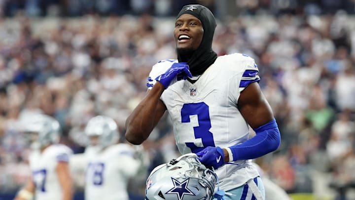 Sep 14, 2025; Arlington, Texas, USA; Dallas Cowboys wide receiver George Pickens (3) reacts after a play against the New York Giants during the fourth quarter at AT&T Stadium. Mandatory Credit: Kevin Jairaj-Imagn Images