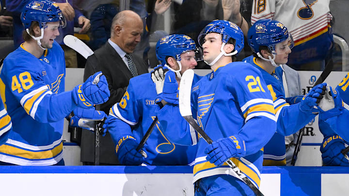Nov 14, 2025; St. Louis, Missouri, USA; St. Louis Blues right wing Jimmy Snuggerud (21) is congratulated by defenseman Hunter Skinner (48) after scoring against the Philadelphia Flyers during the first period at Enterprise Center. Mandatory Credit: Jeff Curry-Imagn Images Nov 14, 2025; St. Louis, Missouri, USA; St. Louis Blues right wing Jimmy Snuggerud (21) is congratulated by defenseman Hunter Skinner (48) after scoring against the Philadelphia Flyers during the first period at Enterprise Center. Mandatory Credit: Jeff Curry-Imagn Images