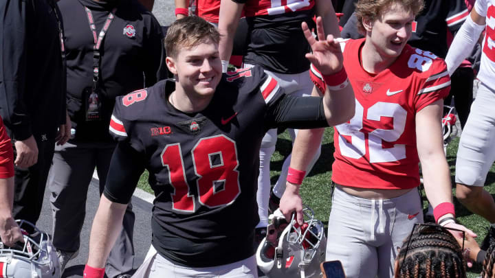 April 13, 2024; Columbus, Ohio, USA;
Ohio State Buckeyes quarterback Will Howard (18) waves to fans following the Ohio State LifeSports spring football game at Ohio Stadium on Saturday. April 13, 2024; Columbus, Ohio, USA;
Ohio State Buckeyes quarterback Will Howard (18) waves to fans following the Ohio State LifeSports spring football game at Ohio Stadium on Saturday.