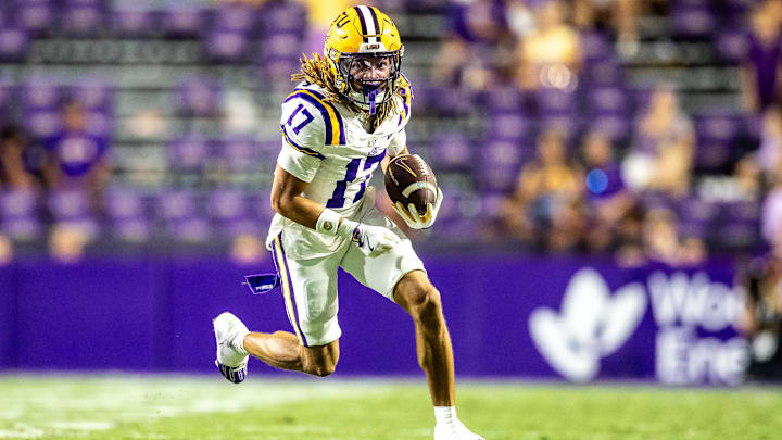 Sep 20, 2025; Baton Rouge, Louisiana, USA;  LSU Tigers wide receiver Jelani Watkins (17) runs against the Southeastern Louisiana Lions during the second half at Tiger Stadium. Mandatory Credit: Stephen Lew-Imagn Images