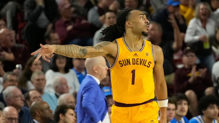 Arizona State Sun Devils guard Frankie Collins (1) celebrates a three-point basket against UCLA.