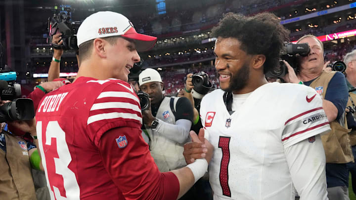 Dec 17, 2023; Glendale, Ariz, United States; Arizona Cardinals quarterback Kyler Murray (1) congratulates San Francisco 49ers quarterback Brock Purdy (13) after losing 45-22 at State Farm Stadium. Mandatory Credit: Michael Chow-Arizona Republic