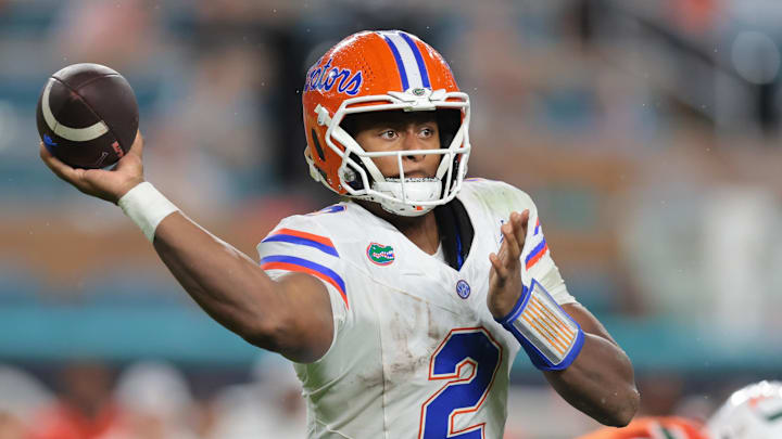 Florida Gators quarterback DJ Lagway passes the football against the Miami Hurricanes during the second quarter at Hard Rock Stadium. Florida Gators quarterback DJ Lagway passes the football against the Miami Hurricanes during the second quarter at Hard Rock Stadium.