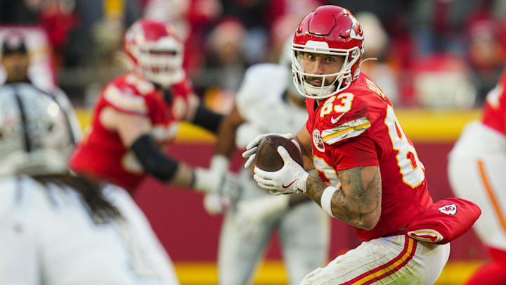 Nov 29, 2024; Kansas City, Missouri, USA; Kansas City Chiefs tight end Noah Gray (83) catches a pass during the second half against the Las Vegas Raiders at GEHA Field at Arrowhead Stadium. 