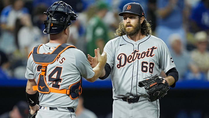 Sep 17, 2024; Kansas City, Missouri, USA; Detroit Tigers relief pitcher Jason Foley (68) celebrates with catcher Jake Rogers (34) after defeating the Kansas City Royals at Kauffman Stadium.
