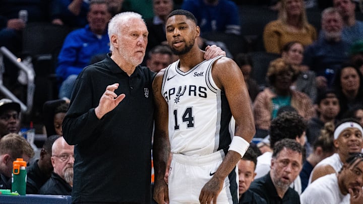 Nov 6, 2023; Indianapolis, Indiana, USA; San Antonio Spurs head coach Gregg Popovich talks with guard Blake Wesley (14) in the second half against the Indiana Pacers at Gainbridge Fieldhouse.