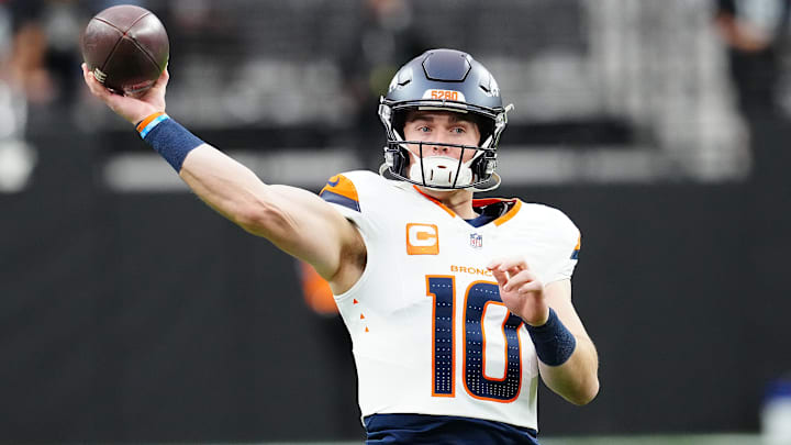 Nov 24, 2024; Paradise, Nevada, USA; Denver Broncos quarterback Bo Nix (10) warms up before a game against the Las Vegas Raiders at Allegiant Stadium. 