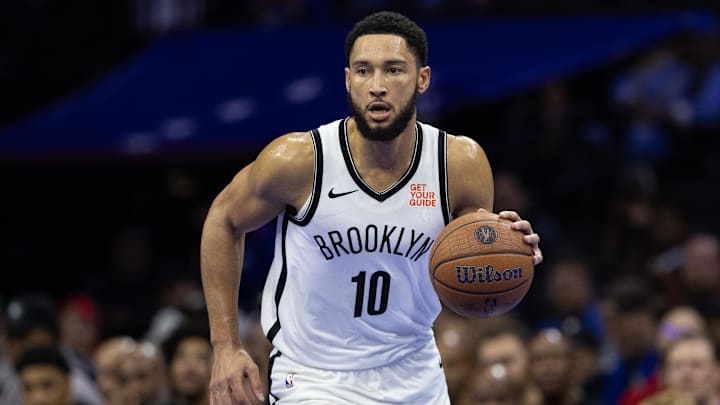 Simmons dribbles the ball against the Philadelphia 76ers during the first quarter at Wells Fargo Center.