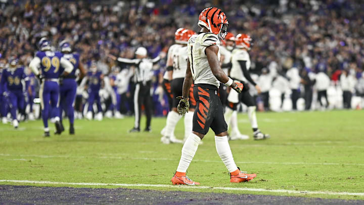 Cincinnati Bengals wide receiver Ja'Marr Chase walks off the field after a failed 2-pt conversion in the fourth quarter of Thursday's against the Baltimore Ravens at M&T Bank Stadium. Cincinnati Bengals wide receiver Ja'Marr Chase walks off the field after a failed 2-pt conversion in the fourth quarter of Thursday's against the Baltimore Ravens at M&T Bank Stadium.