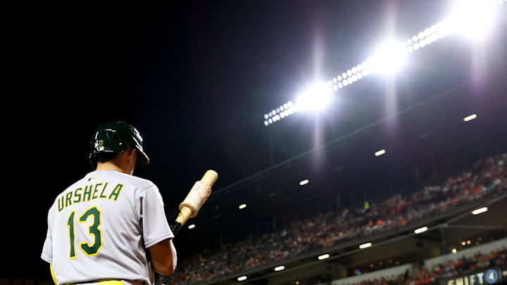 Aug 9, 2025; Baltimore, Maryland, USA; Athletics third base Gio Urshela (13) looks on during the seventh inning against the Baltimore Orioles at Oriole Park at Camden Yards. Mandatory Credit: Daniel Kucin Jr.-Imagn Images