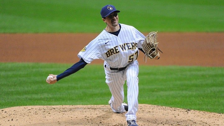 Sep 12, 2020; Milwaukee, Wisconsin, USA; Milwaukee Brewers relief pitcher Eric Yardley (57) delivers