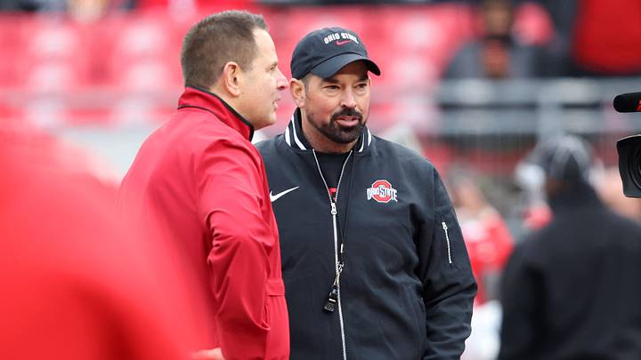 Nov 23, 2024; Columbus, Ohio, USA; Ohio State Buckeyes head coach Ryan Day(right) and Indiana Hoosiers head coach Curt Cignetti meet at midfield before the game at Ohio Stadium. Mandatory Credit: Joseph Maiorana-Imagn Images Nov 23, 2024; Columbus, Ohio, USA; Ohio State Buckeyes head coach Ryan Day(right) and Indiana Hoosiers head coach Curt Cignetti meet at midfield before the game at Ohio Stadium. Mandatory Credit: Joseph Maiorana-Imagn Images