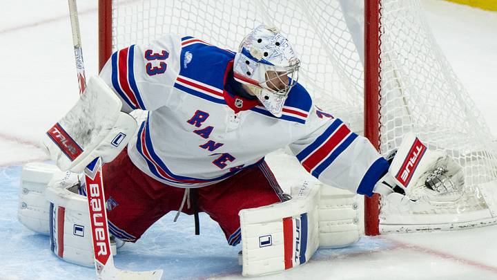 Oct 24, 2026; Ottawa, Ontario, CAN;  New York Rangers Dylan Garand (33) makes a save in the third period against the Ottawa Senators at the Canadian Tire Centre.  Mandatory Credit: Marc DesRosiers-Imagn