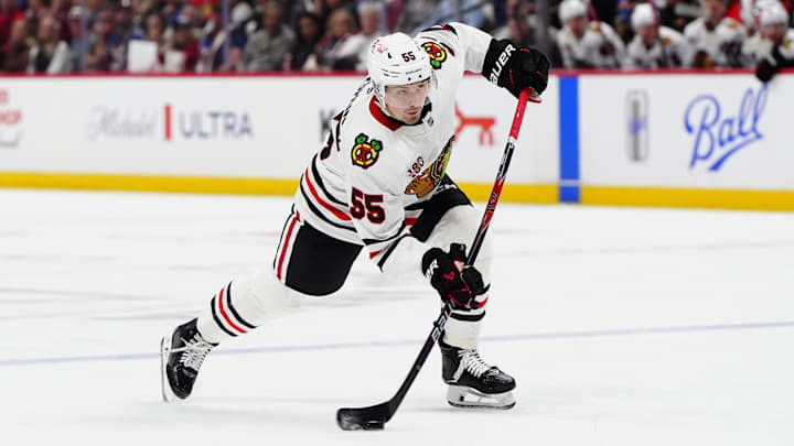 Feb 28, 2026; Denver, Colorado, USA; Chicago Blackhawks defenseman Artyom Levshunov (55) lines up a shot in the third period against the Colorado Avalanche at Ball Arena. Mandatory Credit: Ron Chenoy-Imagn Images Feb 28, 2026; Denver, Colorado, USA; Chicago Blackhawks defenseman Artyom Levshunov (55) lines up a shot in the third period against the Colorado Avalanche at Ball Arena. Mandatory Credit: Ron Chenoy-Imagn Images