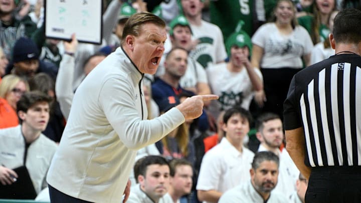 Jan 19, 2025; East Lansing, Michigan, USA; Illinois Fighting Illini head coach Brad Underwood reacts during the first half against the Michigan State Spartans at Jack Breslin Student Events Center. Mandatory Credit: Dale Young-Imagn Images Jan 19, 2025; East Lansing, Michigan, USA; Illinois Fighting Illini head coach Brad Underwood reacts during the first half against the Michigan State Spartans at Jack Breslin Student Events Center. Mandatory Credit: Dale Young-Imagn Images