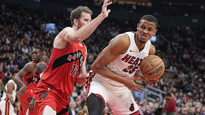 Dec 6, 2023; Toronto, Ontario, CAN; Miami Heat center Orlando Robinson (25) tries to around Toronto