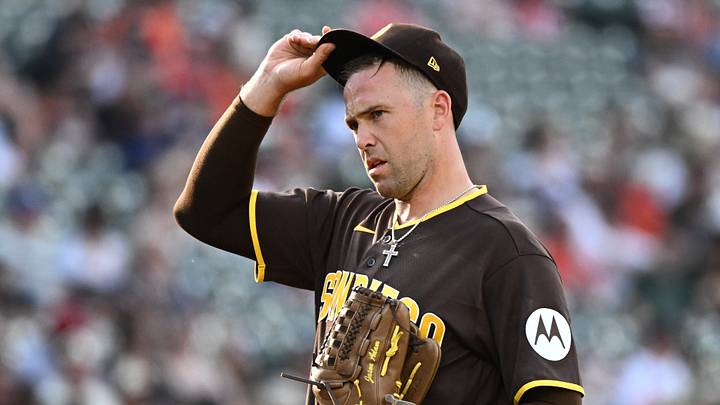 Jun 13, 2026; Baltimore, Maryland, USA;  San Diego Padres pitcher Jason Adam (40) looks on during the eighth inning against the Baltimore Orioles at Oriole Park at Camden Yards. Mandatory Credit: James A. Pittman-Imagn Images
