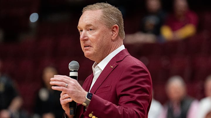 Florida State University Athletic Director Michael Alford gives brief remarks about Florida State Seminoles head coach Leonard Hamilton following his final home game before retirement. The Florida State Seminoles defeated the Southern Methodist Mustangs 76-69 on Saturday, March 8, 2025.
