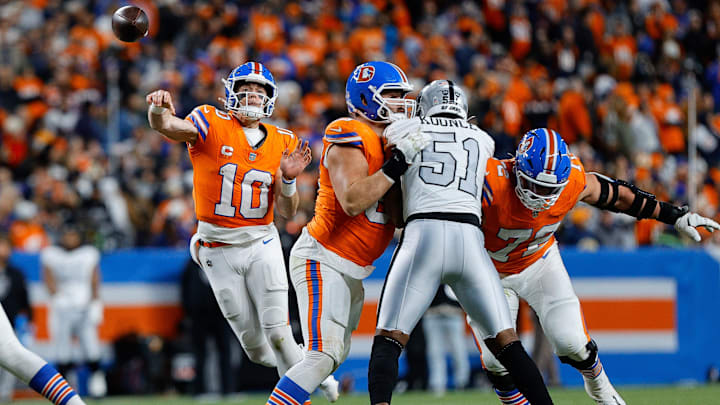 Nov 6, 2025; Denver, Colorado, USA; Denver Broncos quarterback Bo Nix (10) attempts a pass as offensive tackle Alex Palczewski (63) and offensive tackle Garett Bolles (72) defend against Las Vegas Raiders defensive end Malcolm Koonce (51) in the fourth quarter at Empower Field at Mile High. Nov 6, 2025; Denver, Colorado, USA; Denver Broncos quarterback Bo Nix (10) attempts a pass as offensive tackle Alex Palczewski (63) and offensive tackle Garett Bolles (72) defend against Las Vegas Raiders defensive end Malcolm Koonce (51) in the fourth quarter at Empower Field at Mile High.