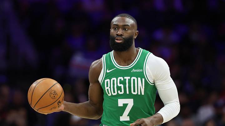 Apr 30, 2026; Philadelphia, Pennsylvania, USA; Boston Celtics guard Jaylen Brown (7) dribbles the ball against the Philadelphia 76ers during the first quarter at Xfinity Mobile Arena. Mandatory Credit: Bill Streicher-Imagn Images