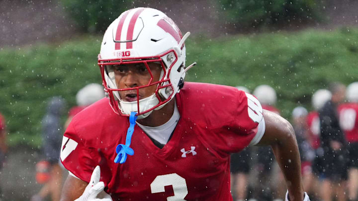Wisconsin cornerback Nyzier Fourqurean (3) runs a drill during football practice, July 30, 2025, at Ralph E. Davis Pioneer Stadium in Platteville, Wisconsin.
