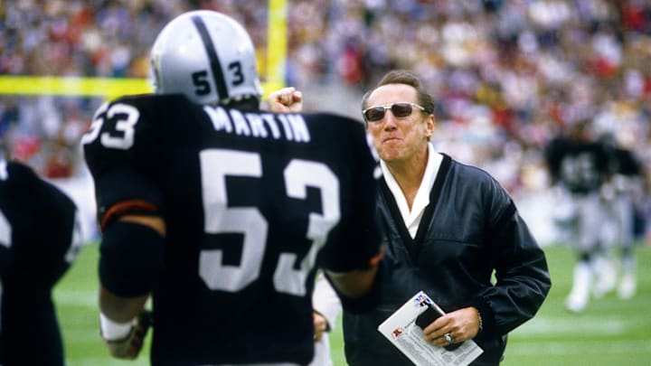 Jan 22, 1984; Tampa, FL, USA: FILE PHOTO; Los Angeles Raiders owner Al Davis reacts to Rod Martin Jan 22, 1984; Tampa, FL, USA: FILE PHOTO; Los Angeles Raiders owner Al Davis reacts to Rod Martin