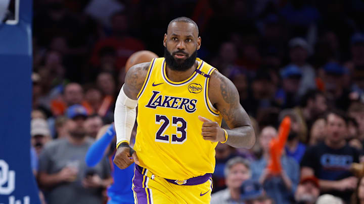 Apr 8, 2025; Oklahoma City, Oklahoma, USA; Los Angeles Lakers forward LeBron James (23) runs down the court after a play against the Oklahoma City Thunder during the second half at Paycom Center. Mandatory Credit: Alonzo Adams-Imagn Images