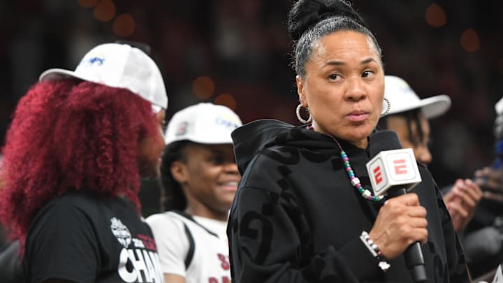 South Carolina Coach Dawn Staley apologizes after her team was involved in a scuffle with LSU in the fourth quarter, as the team was about to be presented the championship trophy, after the SEC Women's Basketball Tournament Championship at the Bon Secours Wellness Arena in Greenville, S.C. Sunday, March 10, 2024.