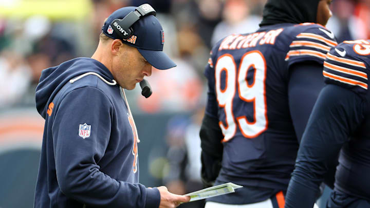 Oct 19, 2025; Chicago, Illinois, USA; Chicago Bears head coach Ben Johnson against the New Orleans Saints during the second half at Soldier Field. Mandatory Credit: Mike Dinovo-Imagn Images
