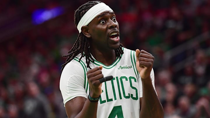 Boston Celtics guard Jrue Holiday (4) reacts after a play during the second against the Orlando Magic at TD Garden.