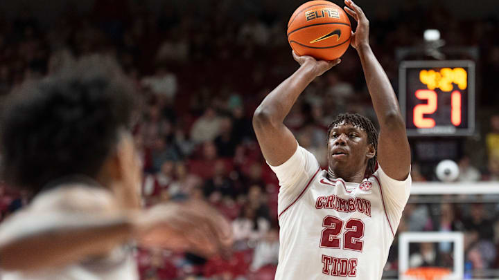 Feb 14, 2026; Tuscaloosa, AL, USA; Alabama forward Aiden Sherrell (22) shoots a three point shot against South Carolina at Coleman Coliseum. Mandatory Credit: Gary Cosby Jr.-Tuscaloosa News
