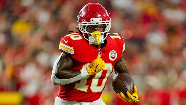Aug 22, 2025; Kansas City, Missouri, USA; Kansas City Chiefs running back Isiah Pacheco (10) runs the ball during the first half against the Chicago Bears at GEHA Field at Arrowhead Stadium. 
